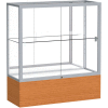 Reliant Counter Case, Mirror Back, Satin Frame, Carmel Oak Base, 36"L x 40"H x 14"D