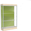 Edge Lighted Floor Case, Pale Green Back, Satin Frame, 6" Chardonnay Base, 48"W x 76"H x 20"D