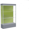 Edge Lighted Floor Case, Pale Green Back, Satin Frame, 12" Carbon Mesh Base, 48"W x 76"H x 20"D
