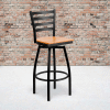 Flash Furniture Black Ladder Back Swivel Metal Barstool - Natural Wood Seat - HERCULES Series