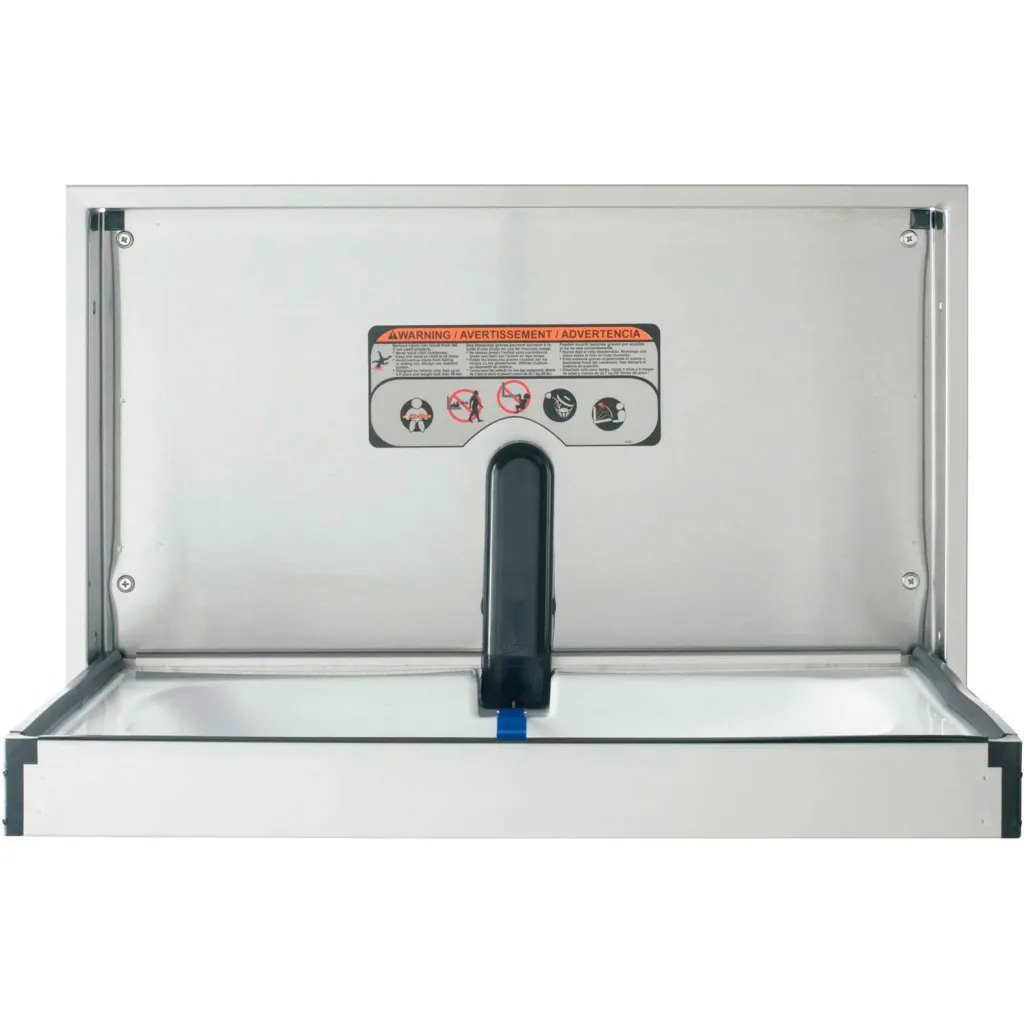 Rear view of a white rectangular object with a warning label and a black handle