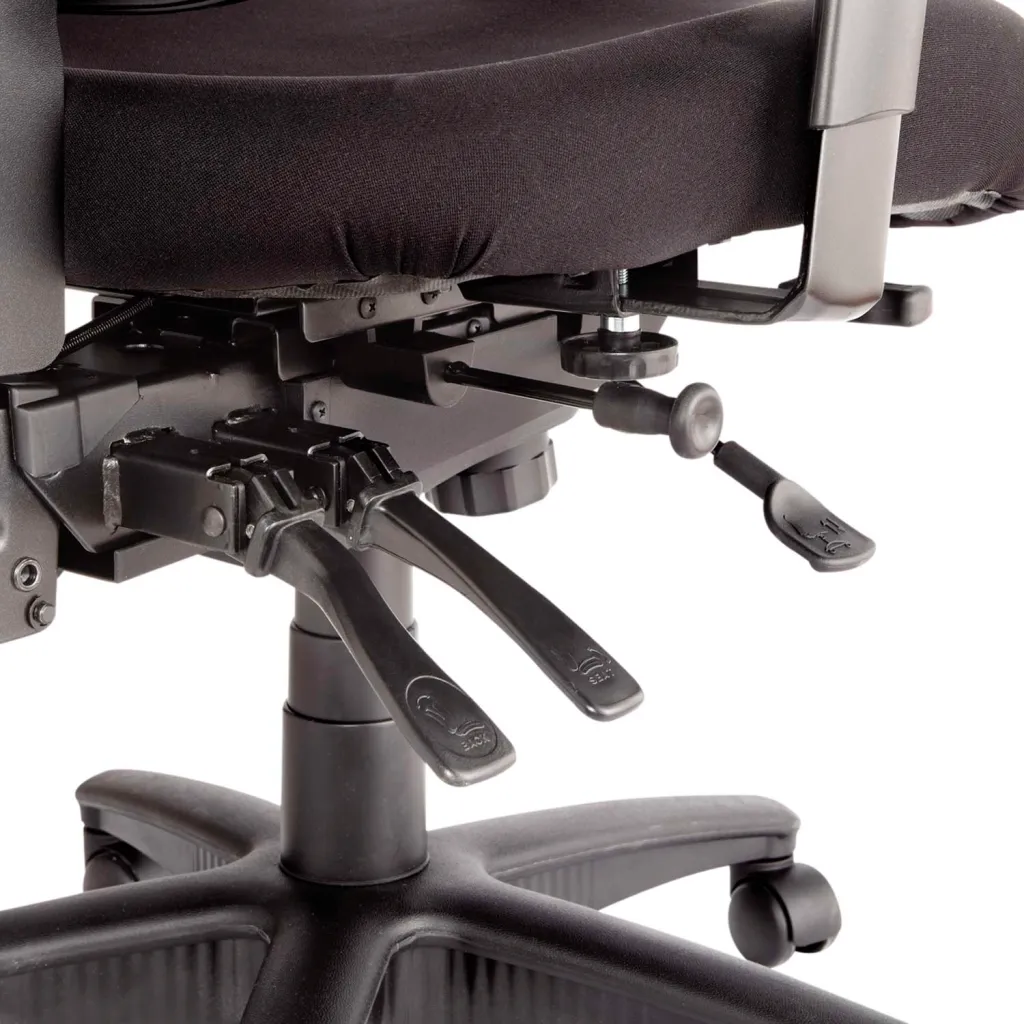 A close-up of the seat and controls of an office chair, showing the adjustable mechanisms.