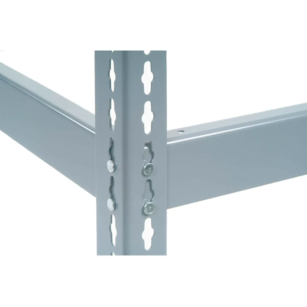 A close-up of a gray metal shelving unit frame's connection point