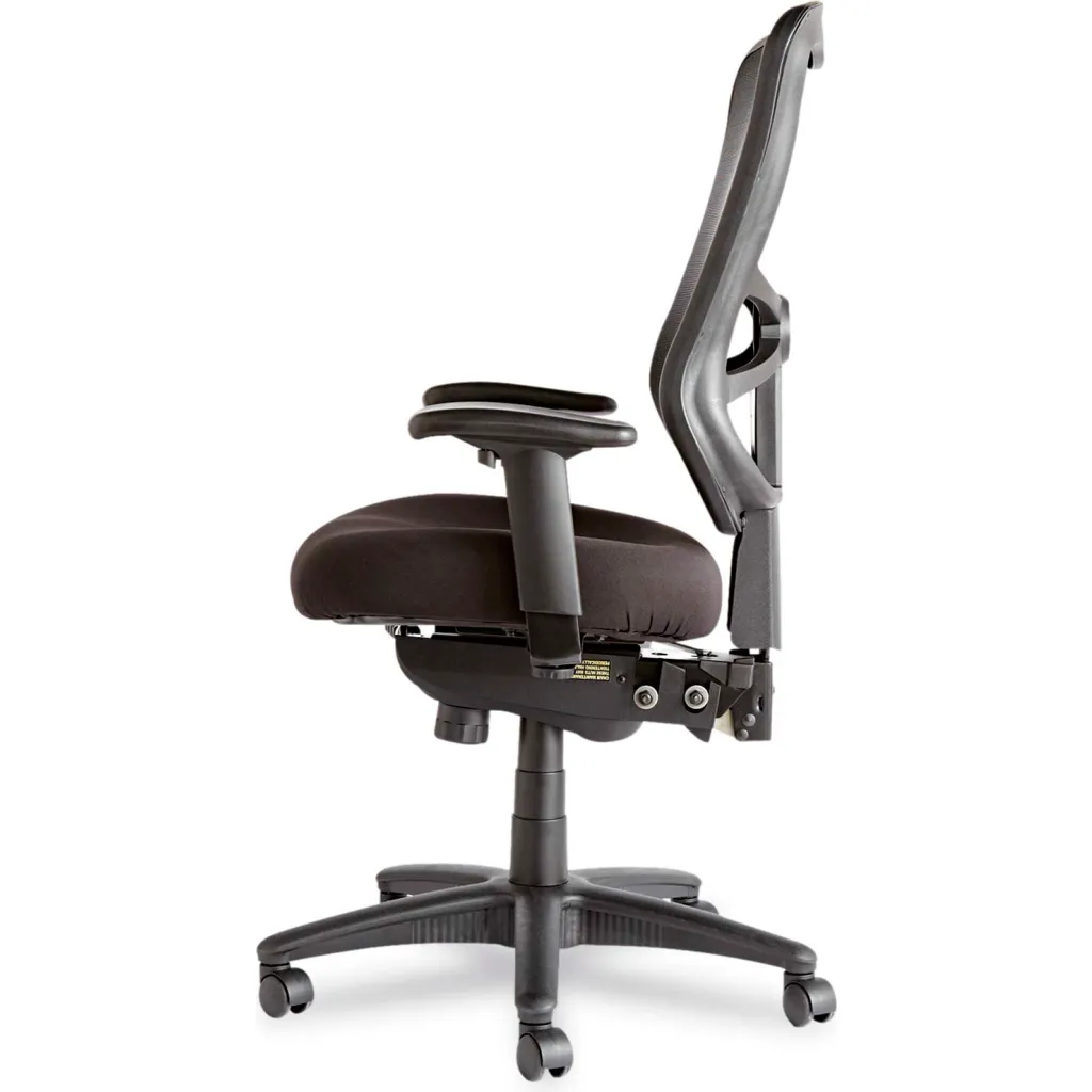 An office chair with a black mesh back and brown seat from the side with a different angle.