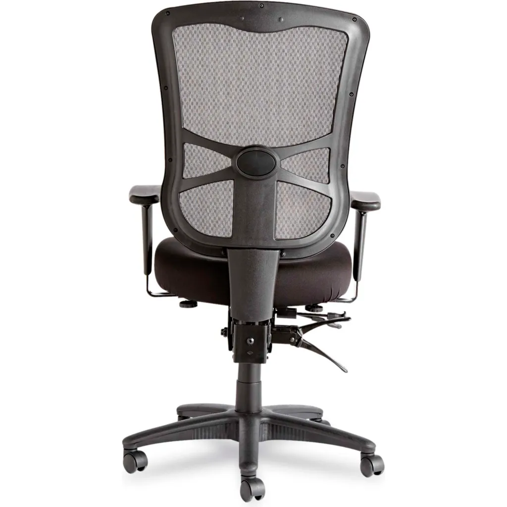 The back of an office chair with a black mesh back.