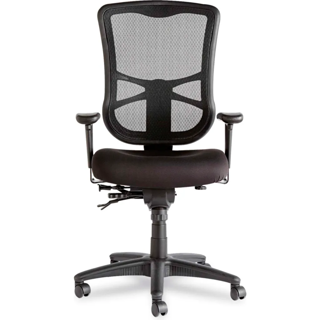 An office chair with a black mesh back and brown seat from the front.