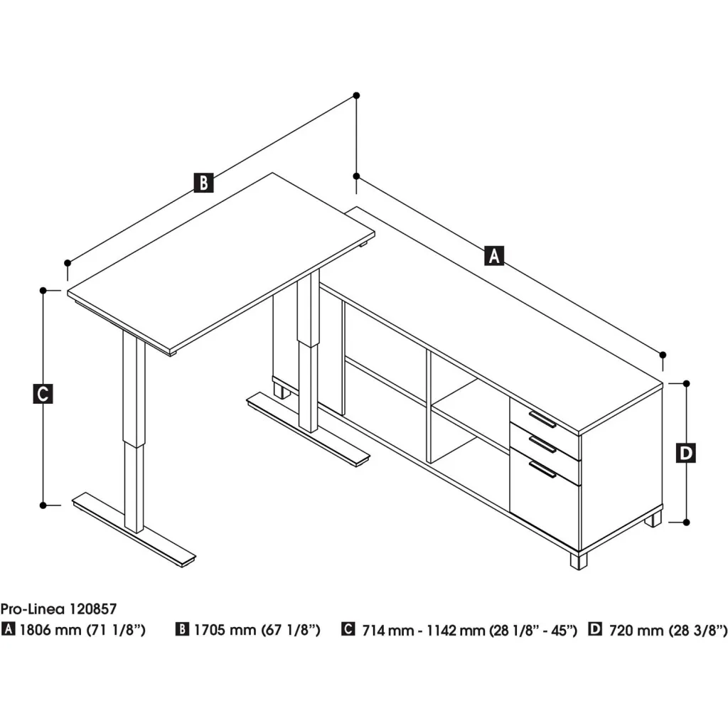 Detailed diagram of a sit-stand desk and credenza with dimensions