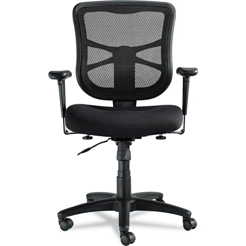 A black office chair with a mesh back and fabric seat, shown from the front.