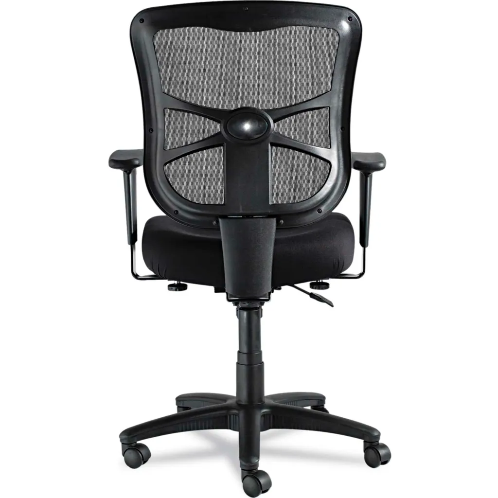 A black office chair with a mesh back and fabric seat, shown from the rear.