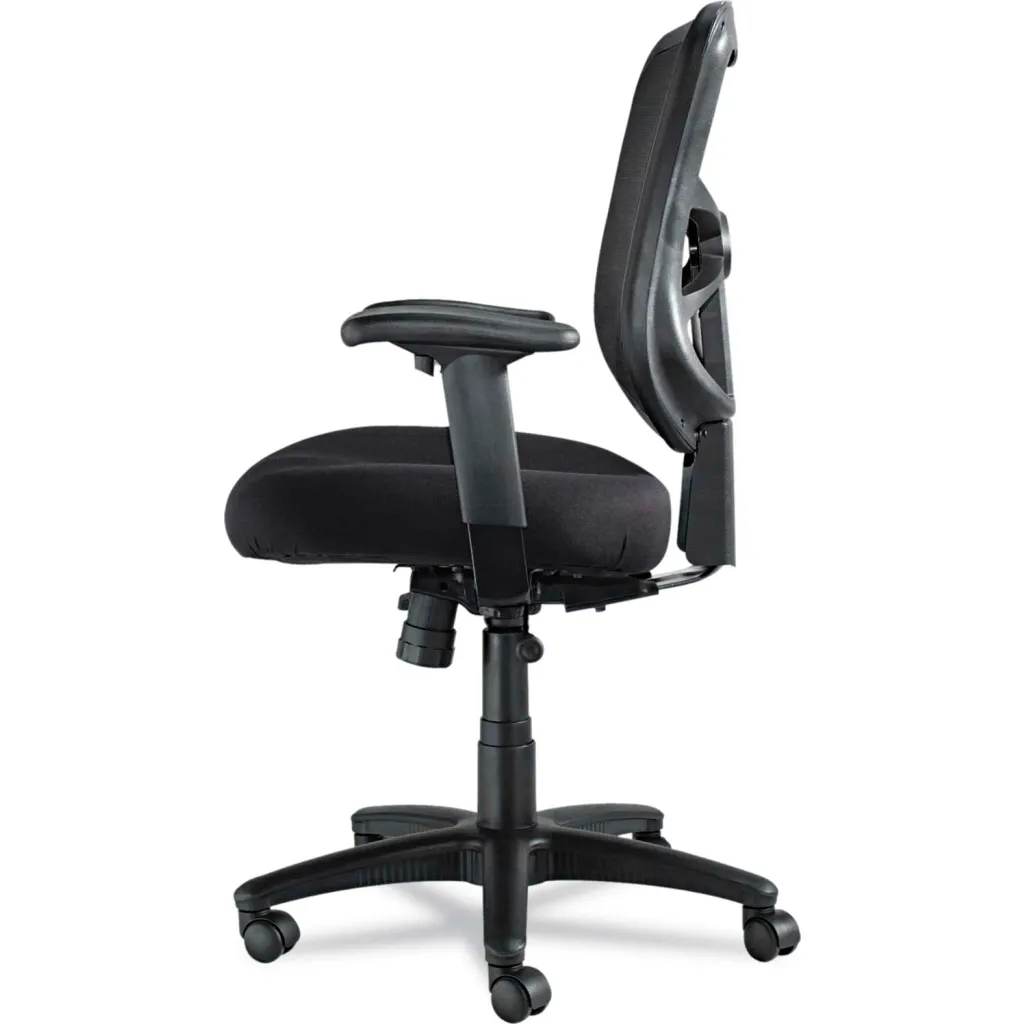 A black office chair with a mesh back and fabric seat, shown from the side at an angle.