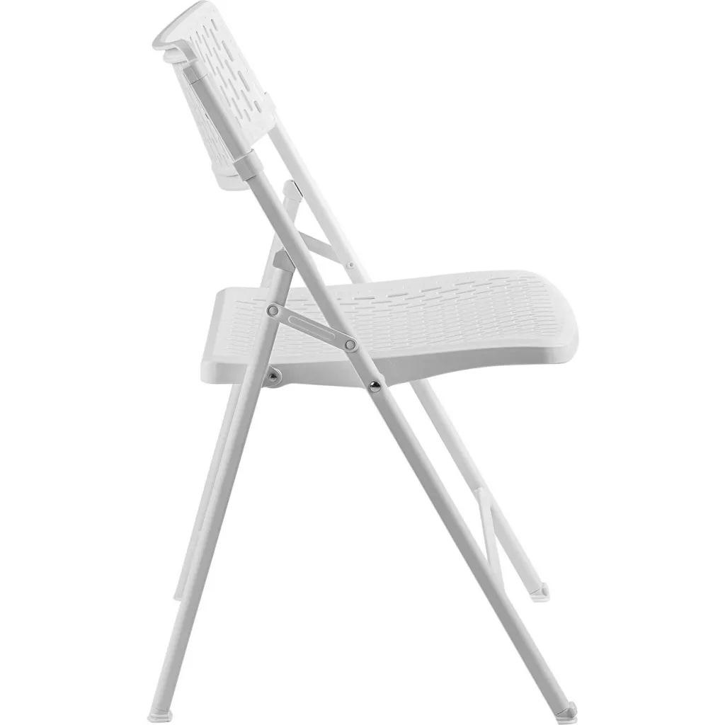 White folding chair with mesh seat and backrest, side view