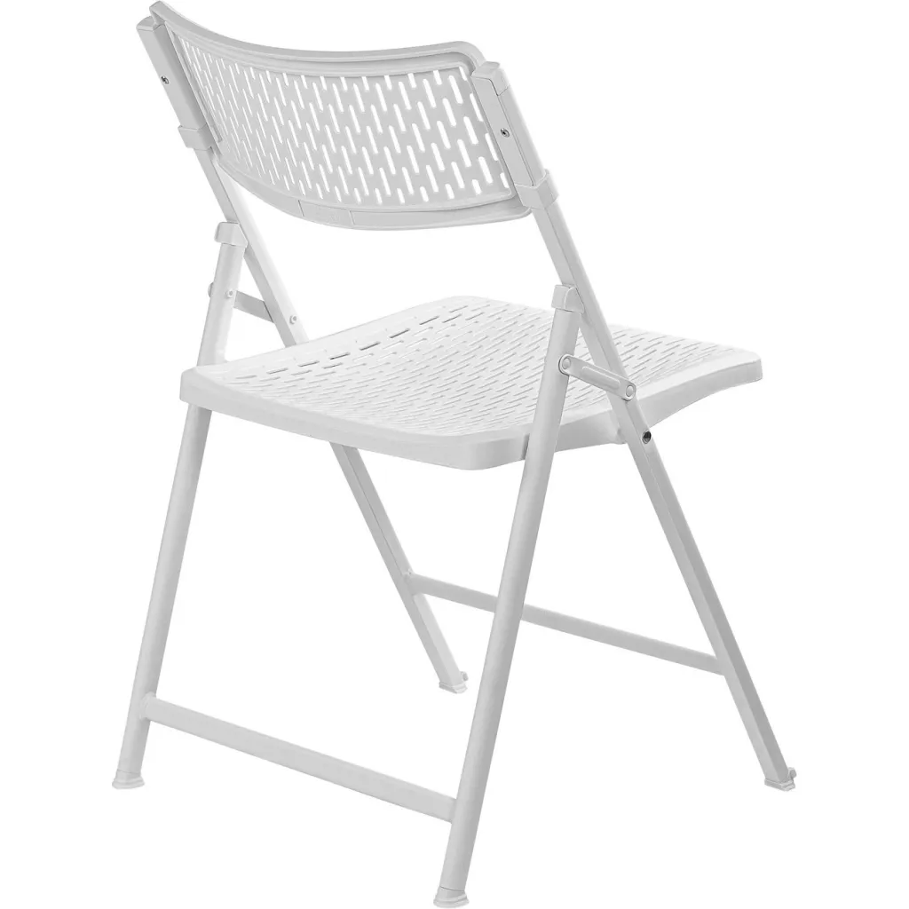 White folding chair with mesh seat and backrest, angled view