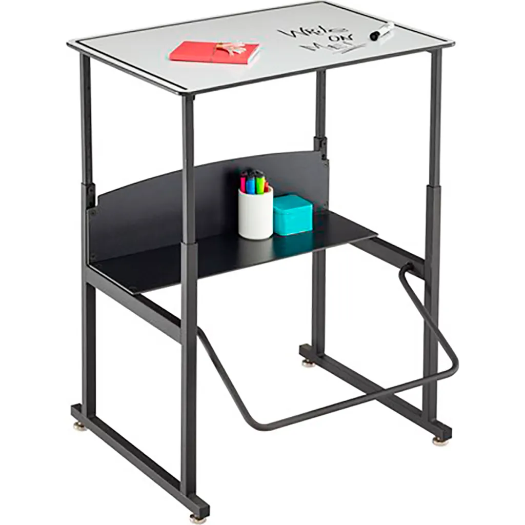 Black metal table with white top and shelf, with notebook, marker, and containers