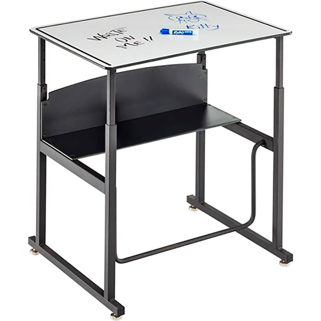 Black metal table with white top and shelf, angled view with marker and writing