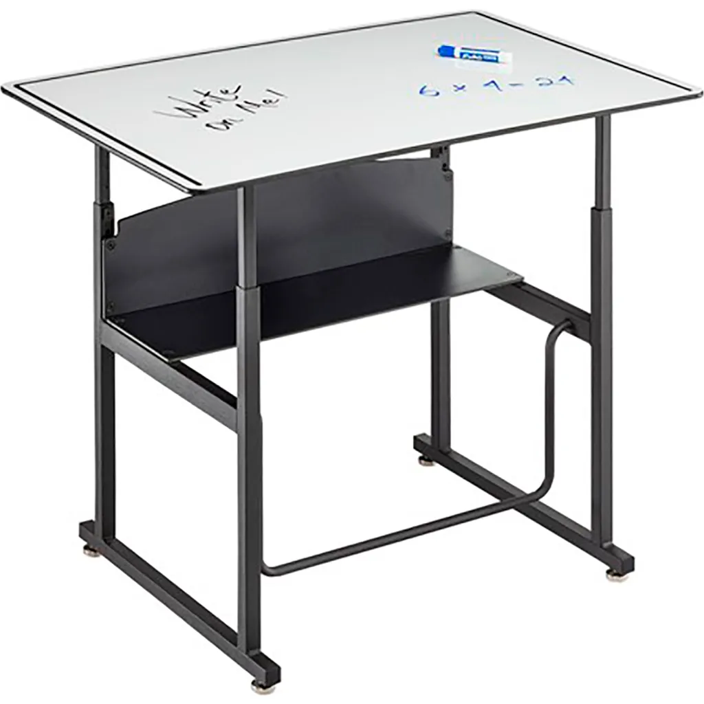 A black metal desk with a whiteboard top and a shelf underneath, with writing and markers on the board