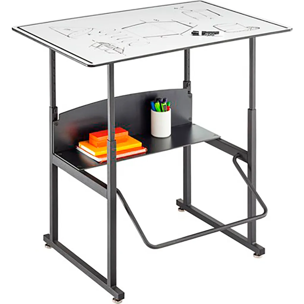 A black metal desk with a whiteboard top and a shelf underneath, with a diagram on the board and office supplies on the shelf