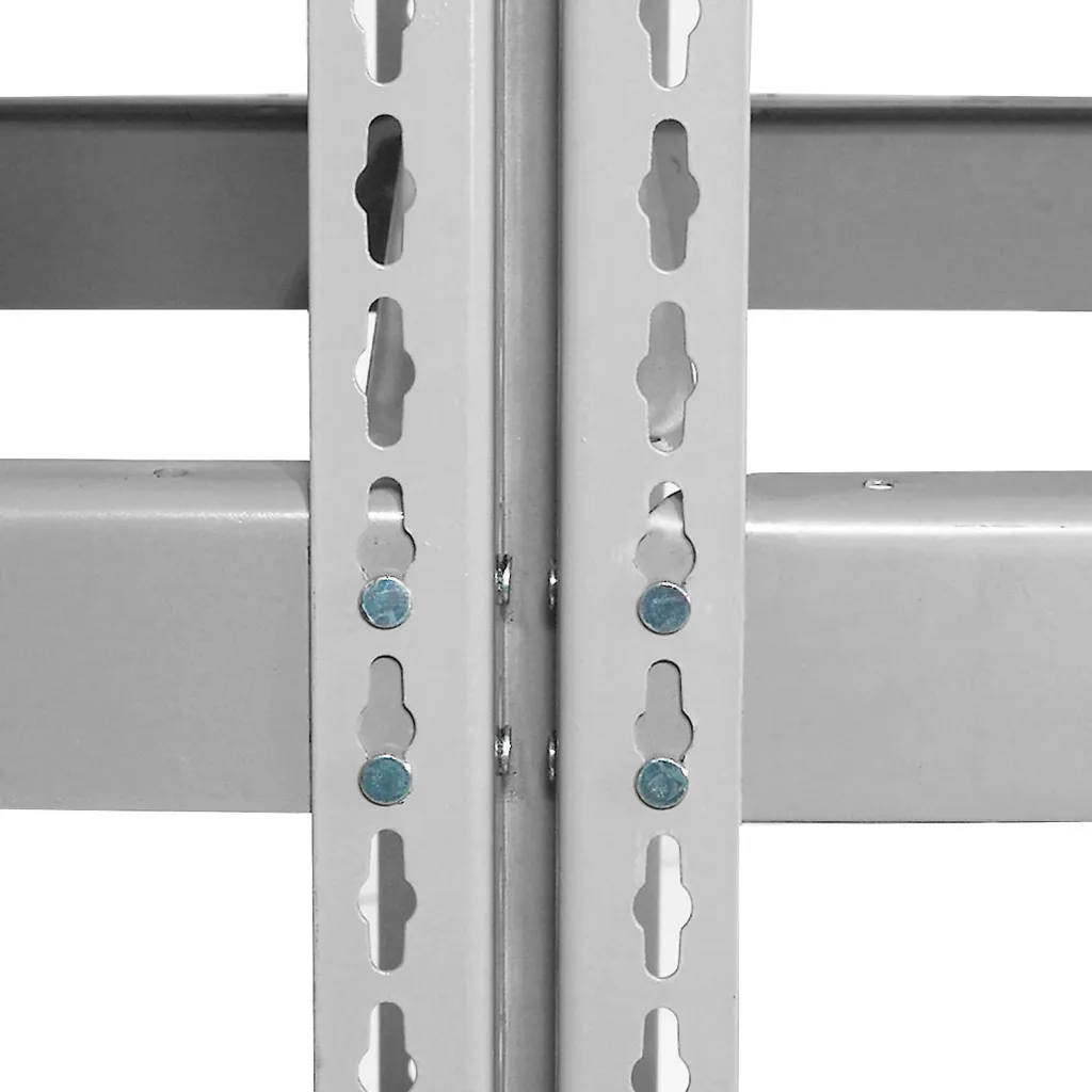 Close-up of shelving unit frame with holes for adjustments