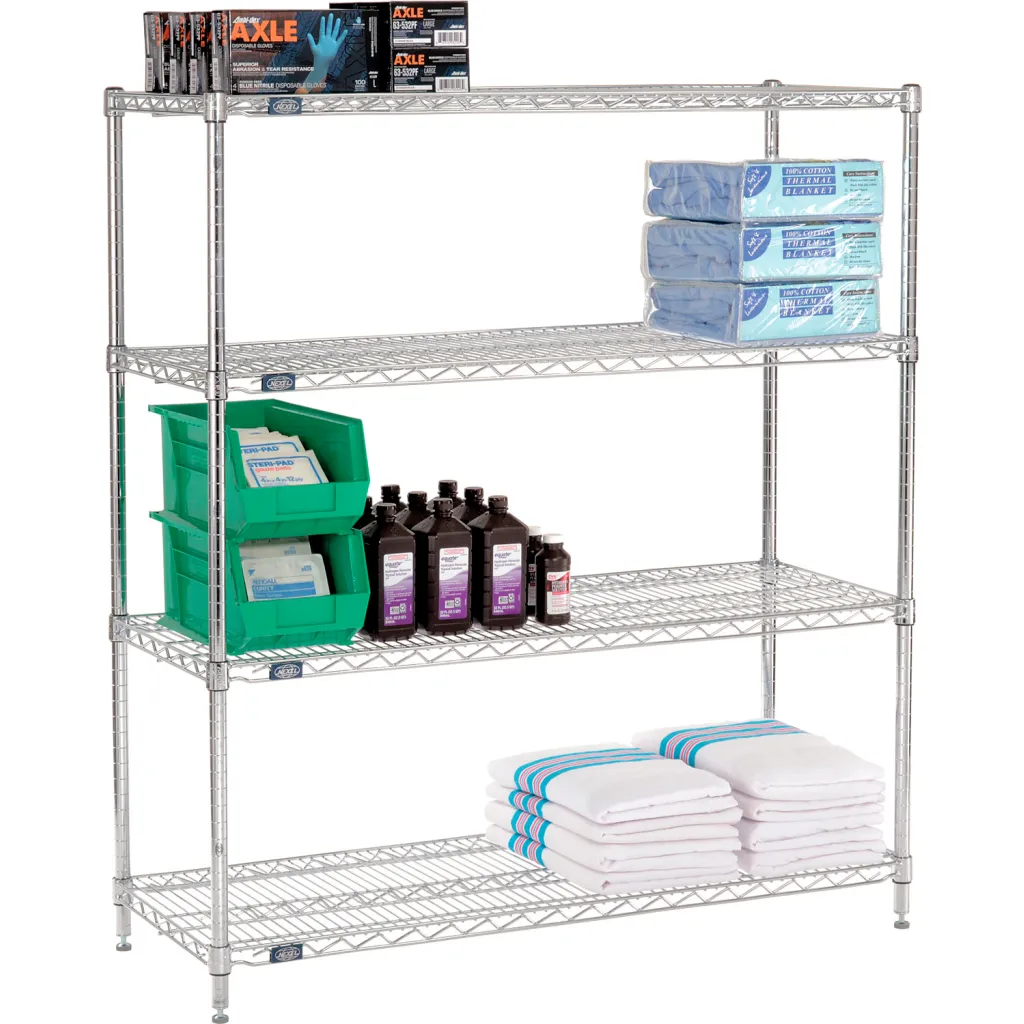 A silver metal shelving unit with four shelves, with various items on it