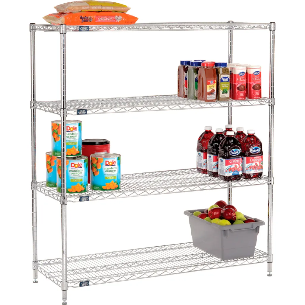A silver metal shelving unit with four shelves, with various food and drink items on it