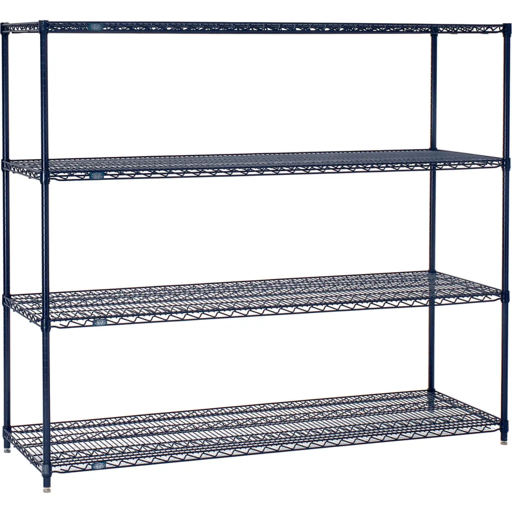 Black metal shelving unit with four shelves from a different angle