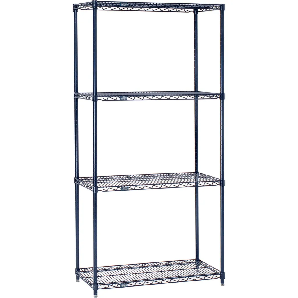 A black metal shelving unit with four shelves.