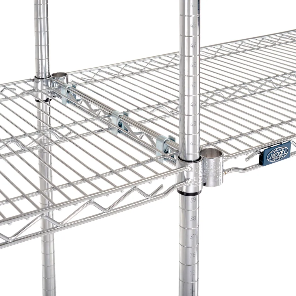 A close-up of a shelving unit's shelf and pole