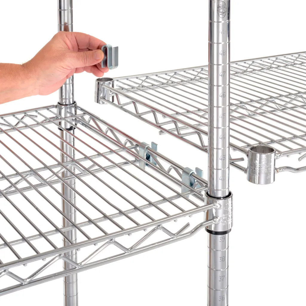 A close-up of a shelving unit's shelf and pole with a hand adjusting it