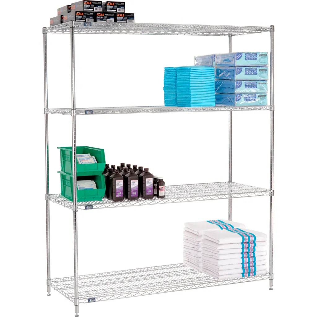 A silver metal shelving unit with four shelves and various products on it