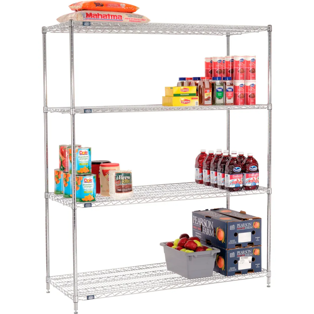 A silver metal shelving unit with four shelves and various food and drink products on it