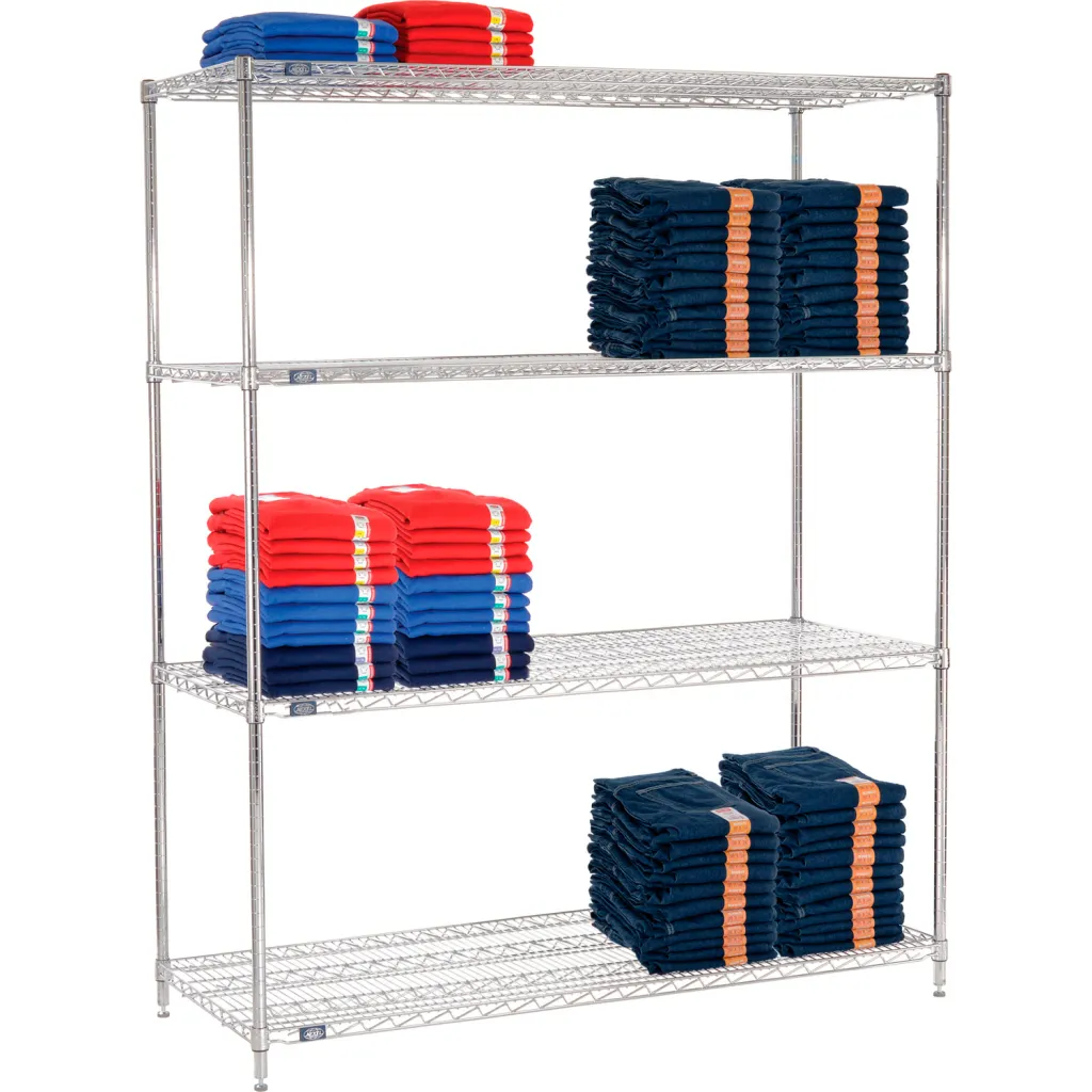 A silver metal shelving unit with four shelves and folded clothing on it