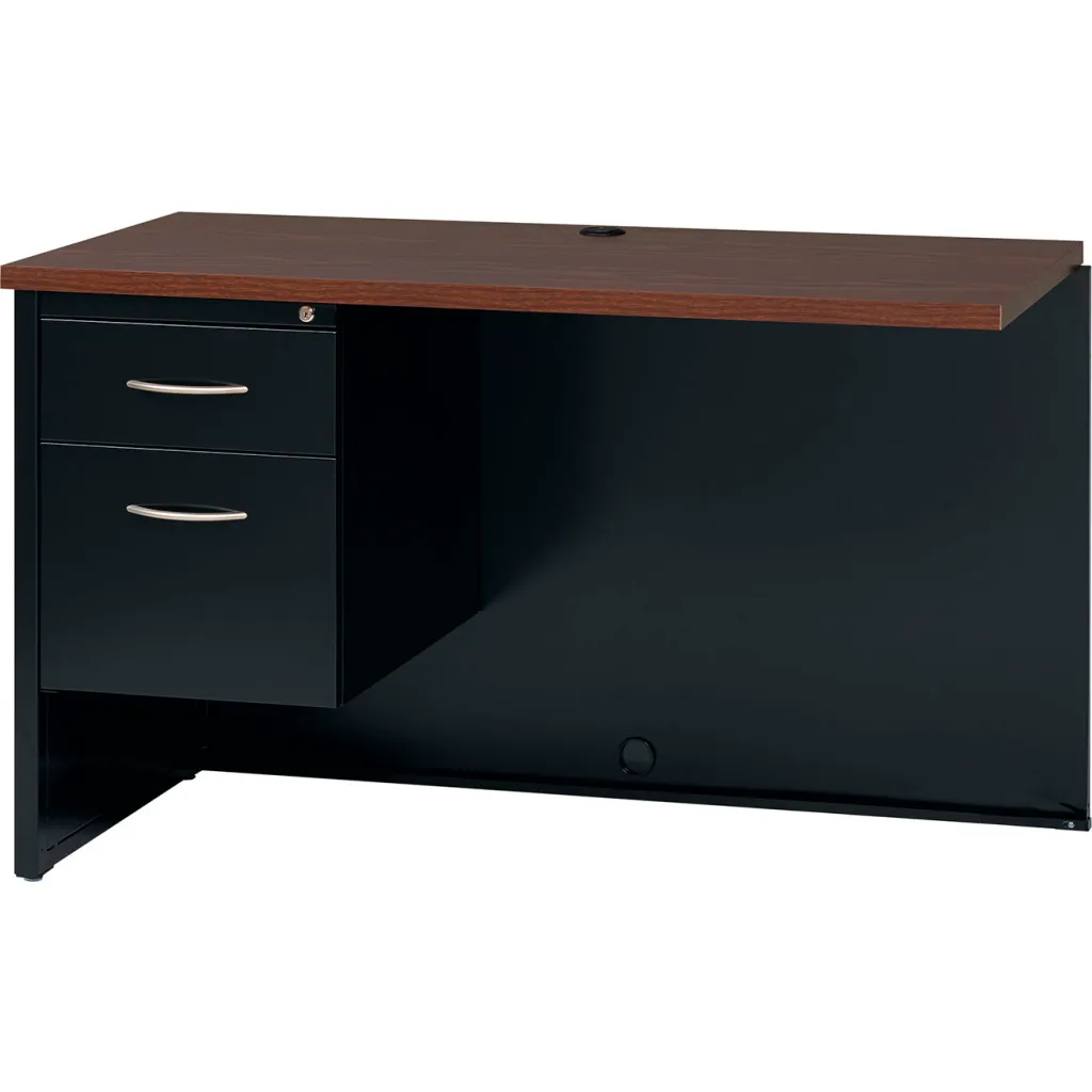 A black desk with a brown wooden top and two drawers on the left side.