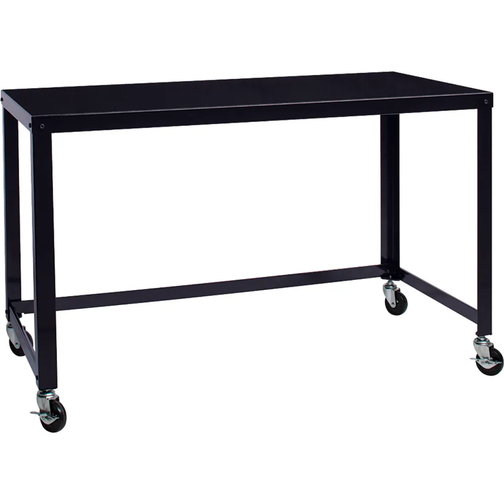 A black metal table with four wheels