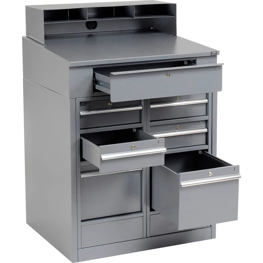 Gray metal storage cabinet with open drawers