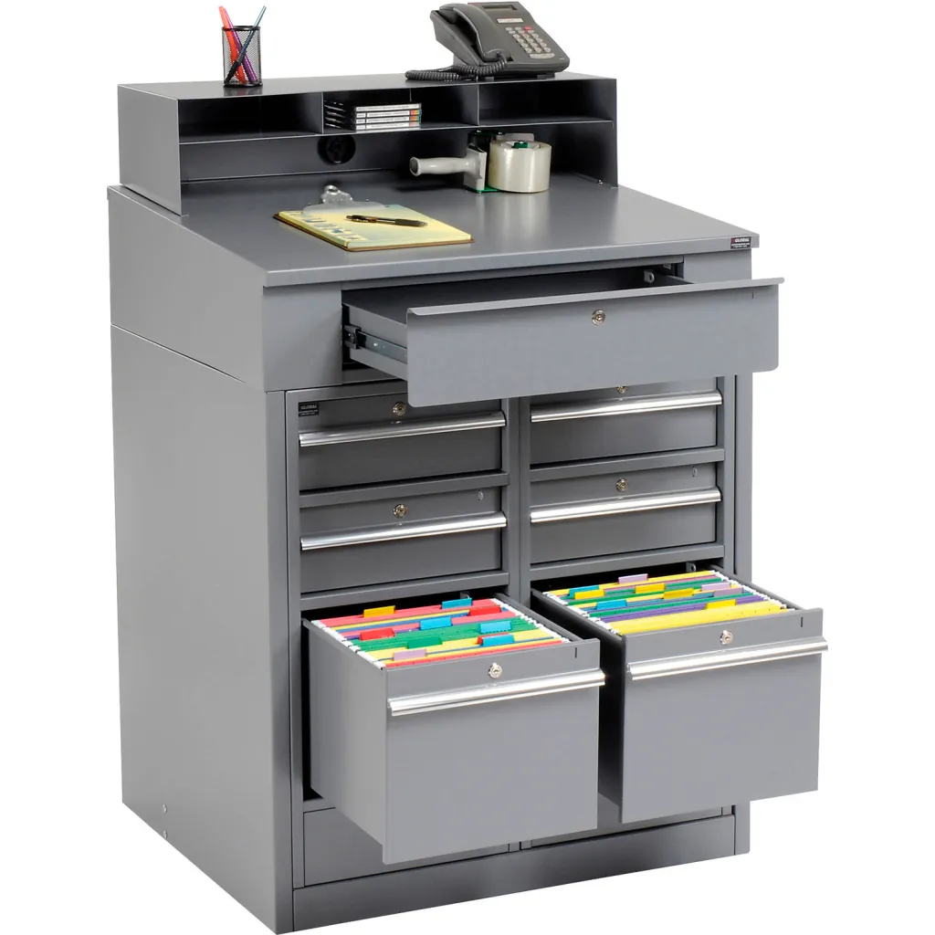 Gray metal storage cabinet with file drawers open
