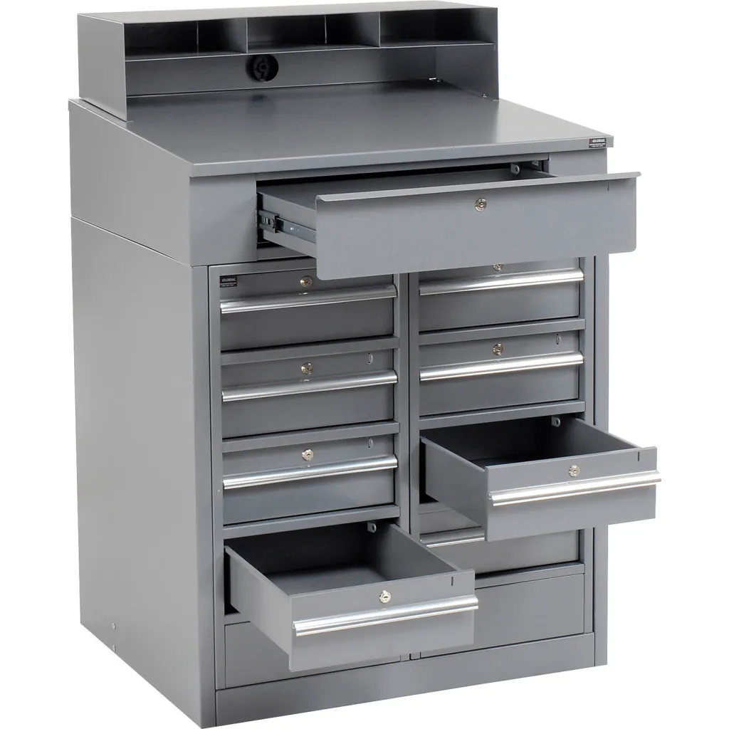Gray metal storage cabinet with drawers open
