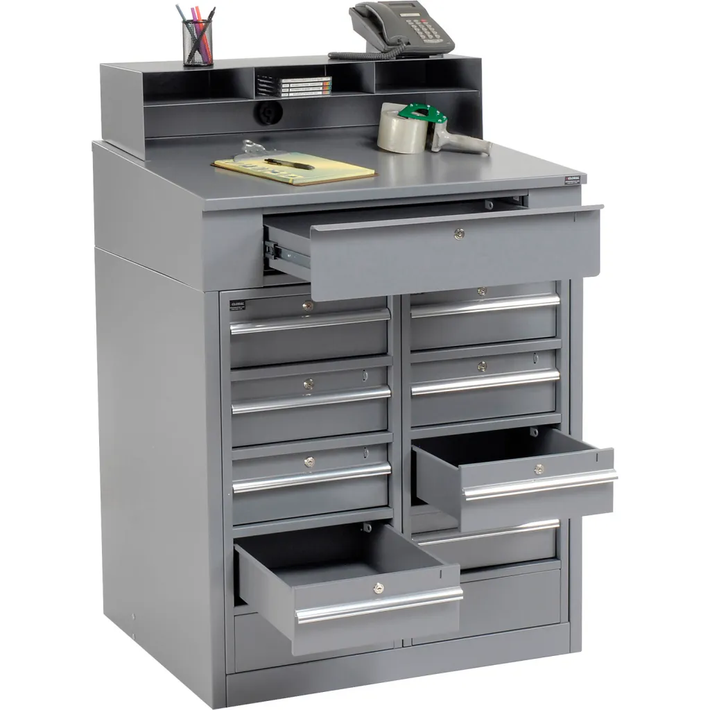 Gray metal storage cabinet with drawers open and office supplies