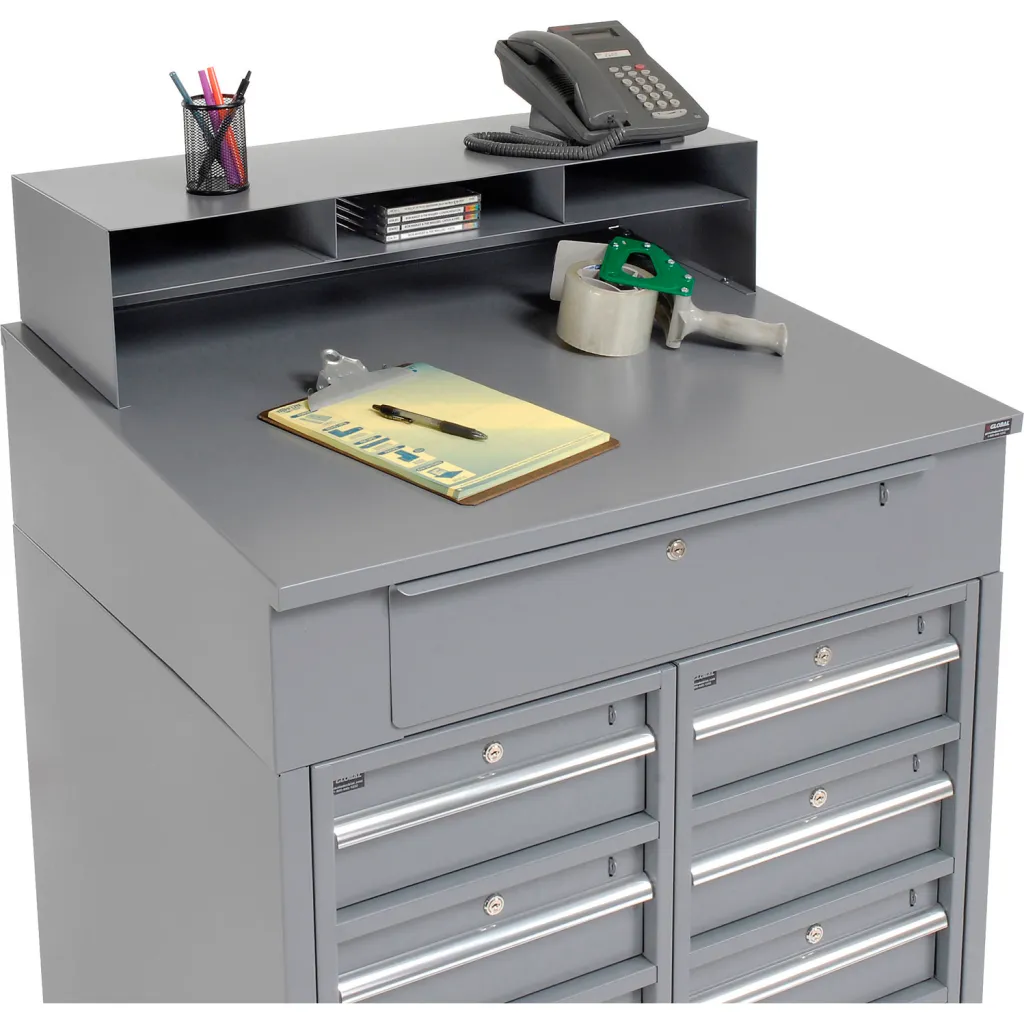 Gray metal storage cabinet with office supplies on top