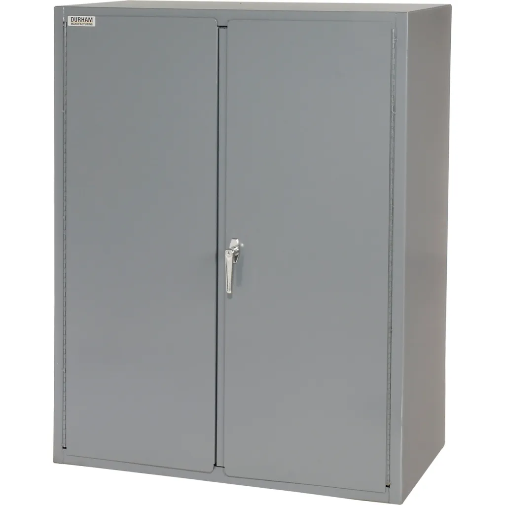 Gray metal storage cabinet with closed doors.