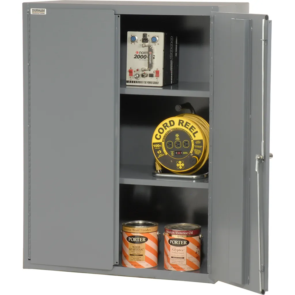 Gray metal storage cabinet with doors open, showing three shelves stocked with various items.
