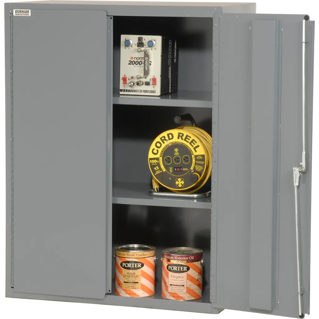 Close-up of gray metal storage cabinet with doors open, showing shelves with various tools and supplies inside.