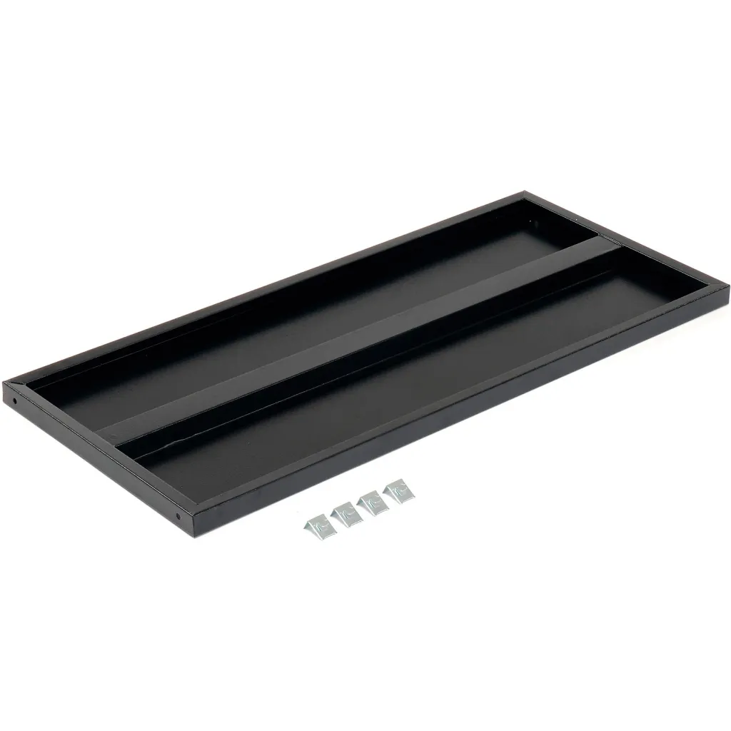 A black tray with a divided section and metal clips.