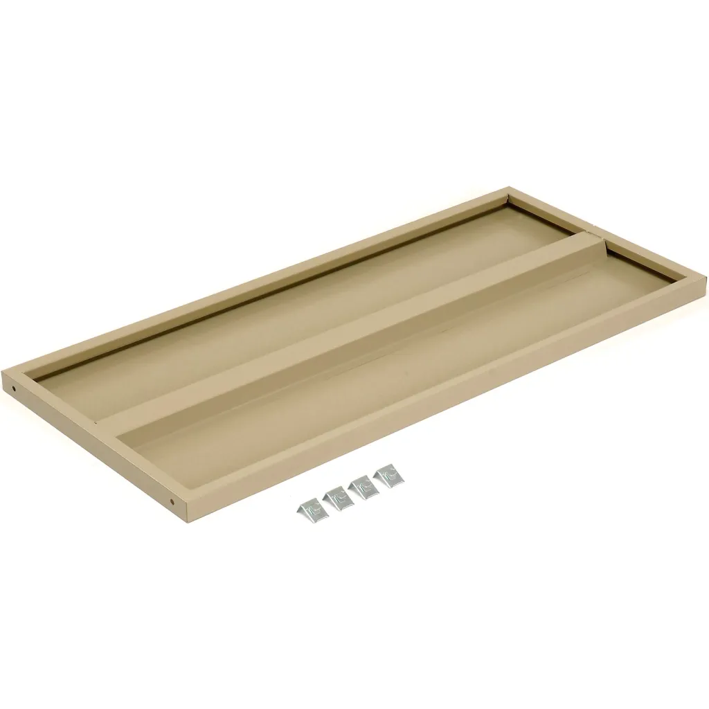 A beige drawer organizer tray without its lid and with hardware.