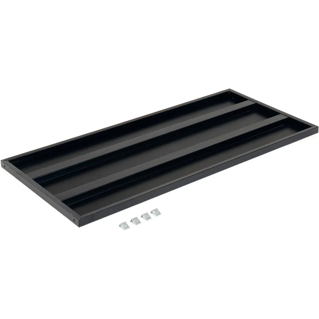 A black tray with three compartments and four small metal brackets.