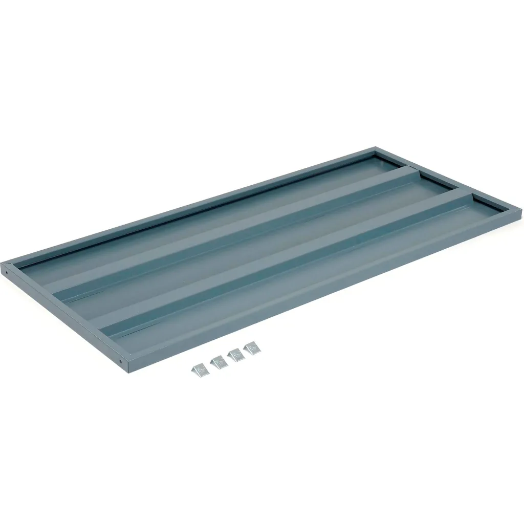 A gray metal drawer with 4 small metal clips below.