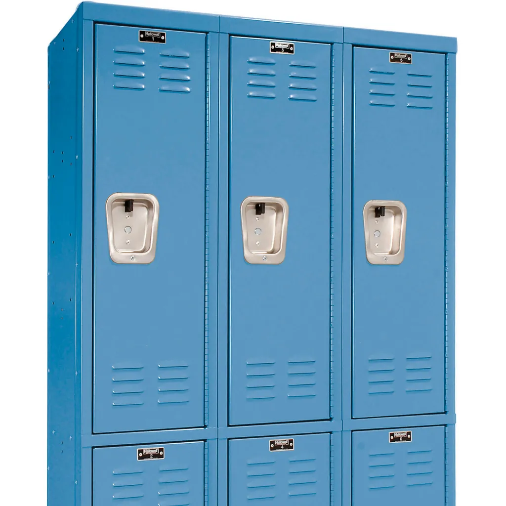 A blue locker with a silver water fountain on the door