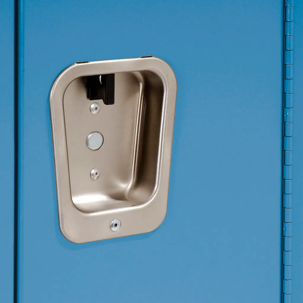 A blue locker with a silver water fountain on the door