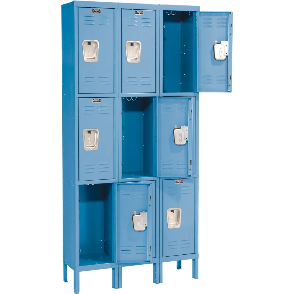 A blue locker with some compartments open