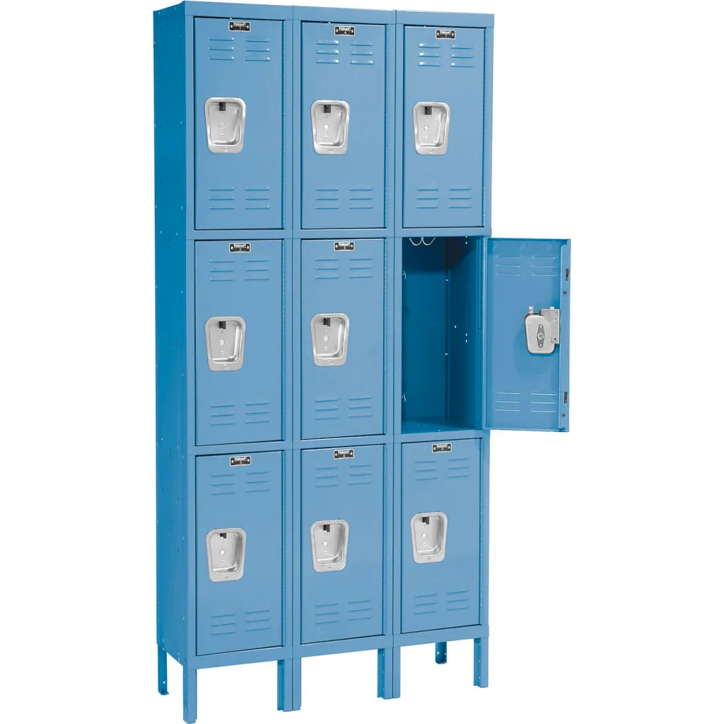 Blue metal locker unit with some compartments open