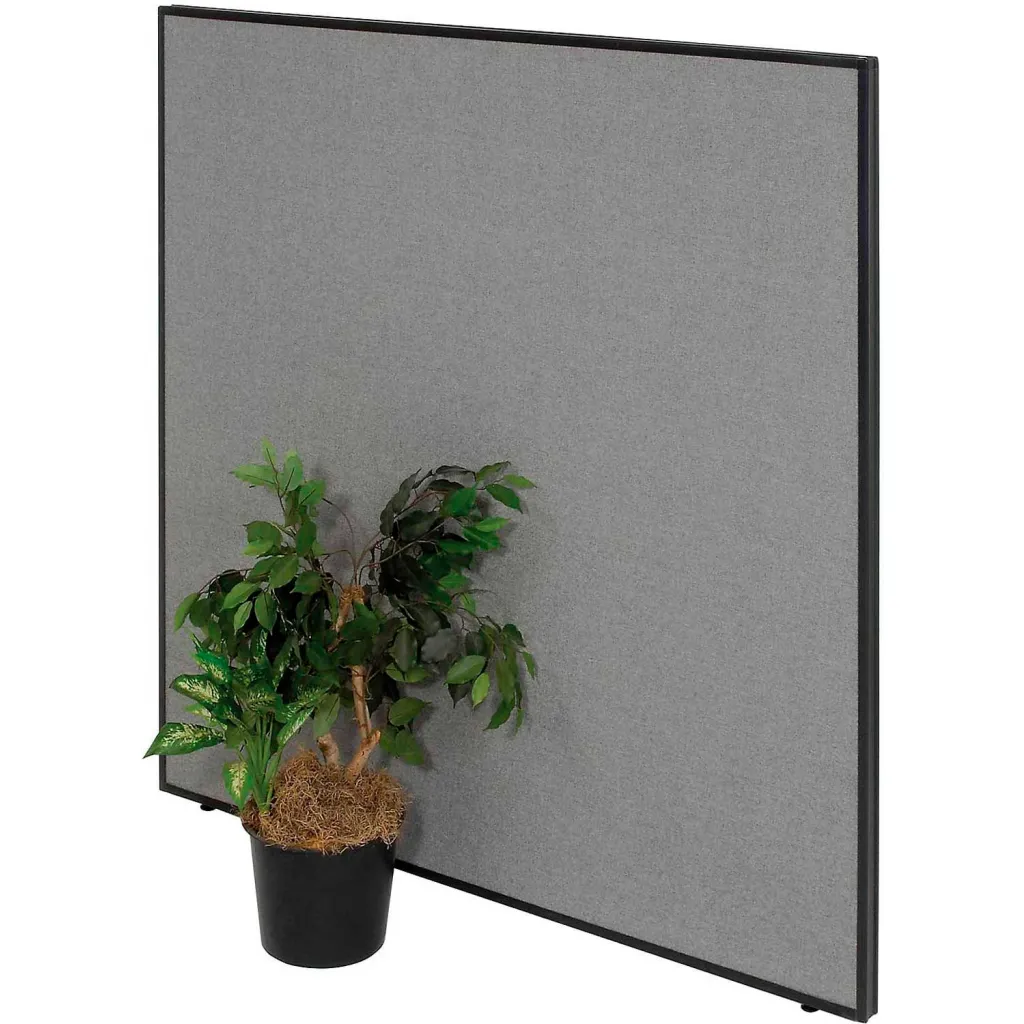 Gray fabric-covered partition panel with black metal frame and potted plant