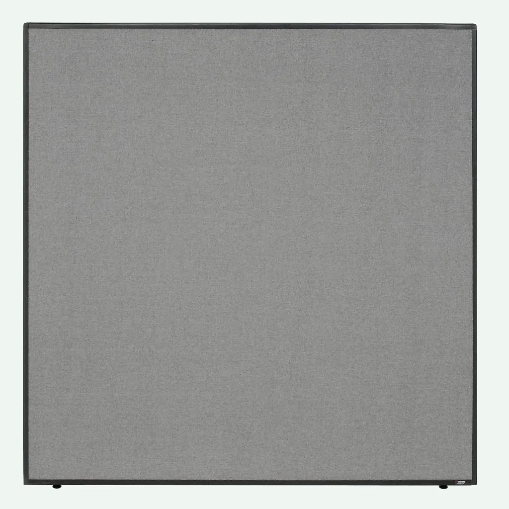 A gray fabric-covered room divider with a black frame.